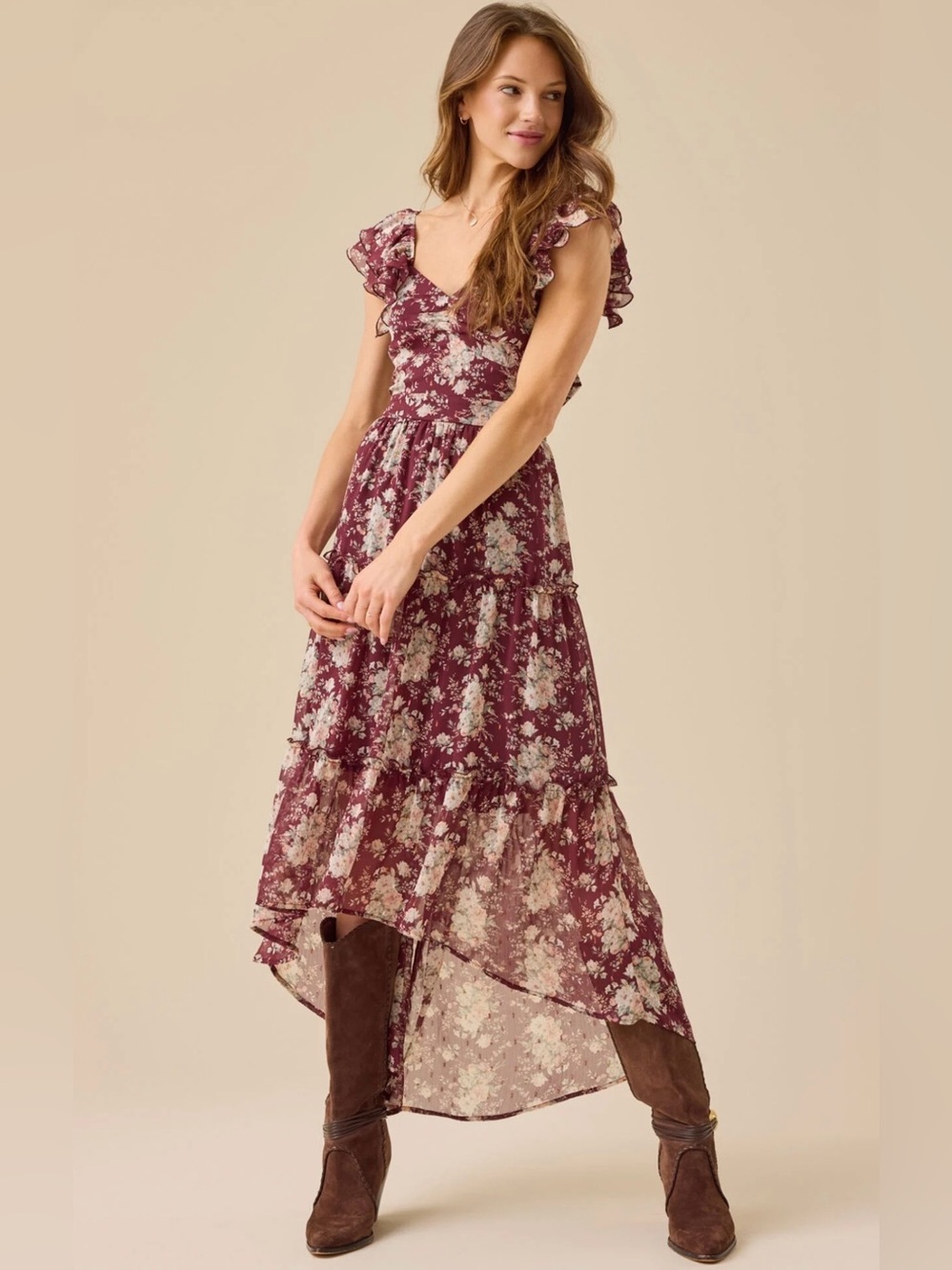 Altar'd State Danica Floral Ruffle Maxi Dress Burgundy High-Low Size L